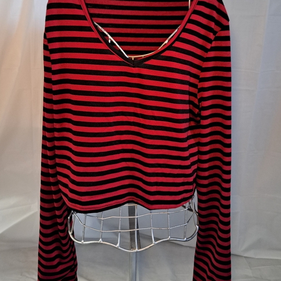 Red and Black Striped Long-sleeved Crop Top - Picture 1 of 5